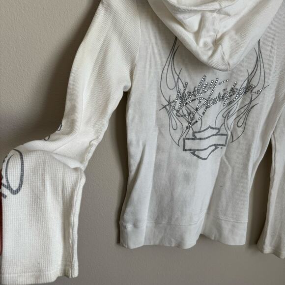 Vintage Y2K Harley Davidson Womens White Longsleeve Hoodie Rhinestone Size Small - Picture 11 of 12